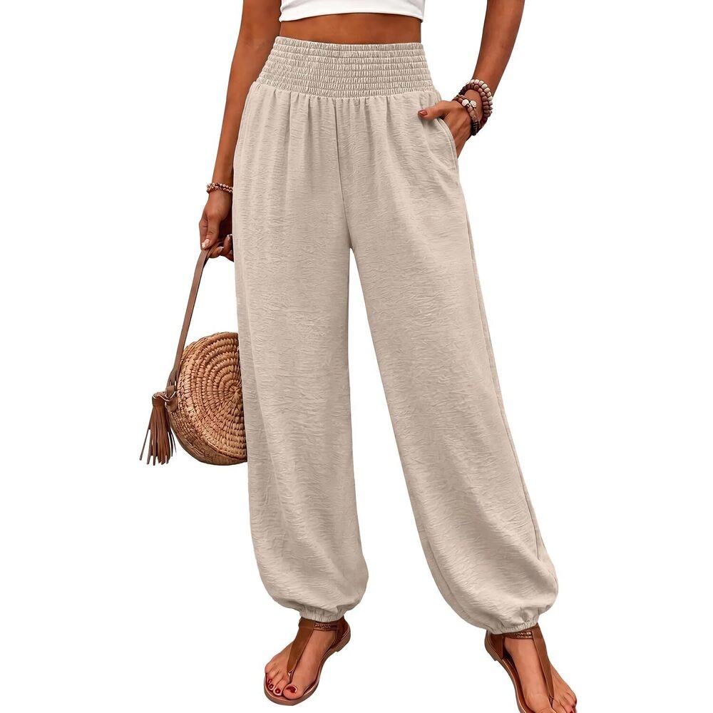 Women's Linen High Waisted Smocked Balloon Harem Jogger Pants Casual